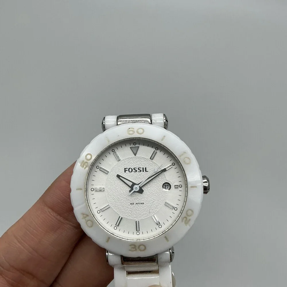 Fossil Allie Womens Watch 34mm White Ceramic Date CE-1030 New Battery 6.5